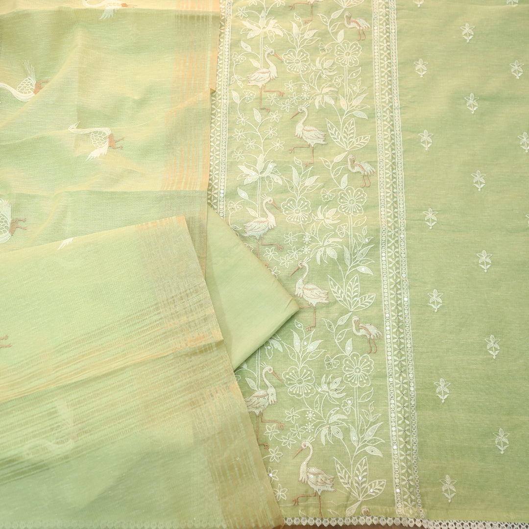 Pankhudi Mint Green Floral with Flamingo Thread Work Shimmer Tissue Linen Set