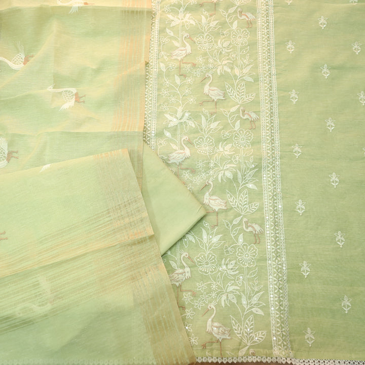 Pankhudi Mint Green Floral with Flamingo Thread Work Shimmer Tissue Linen Set