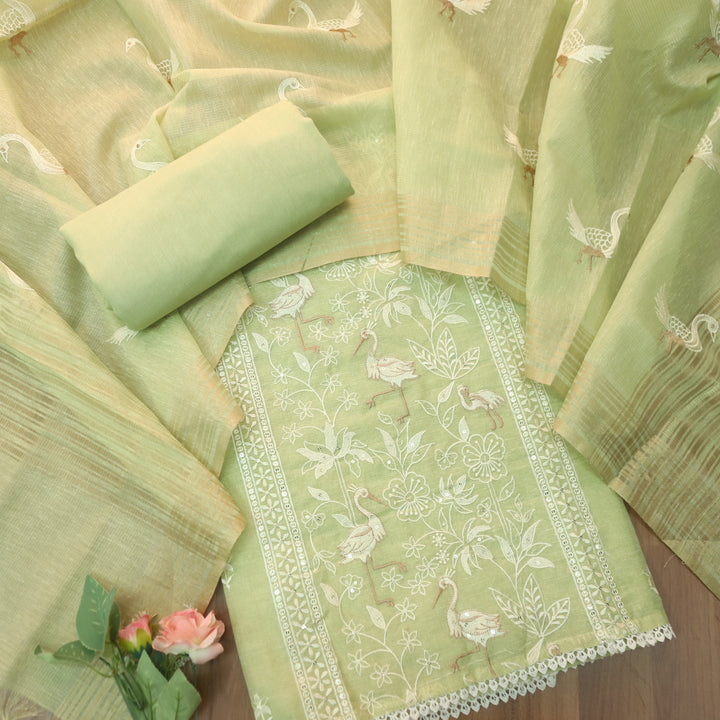 Pankhudi Mint Green Floral with Flamingo Thread Work Shimmer Tissue Linen Set