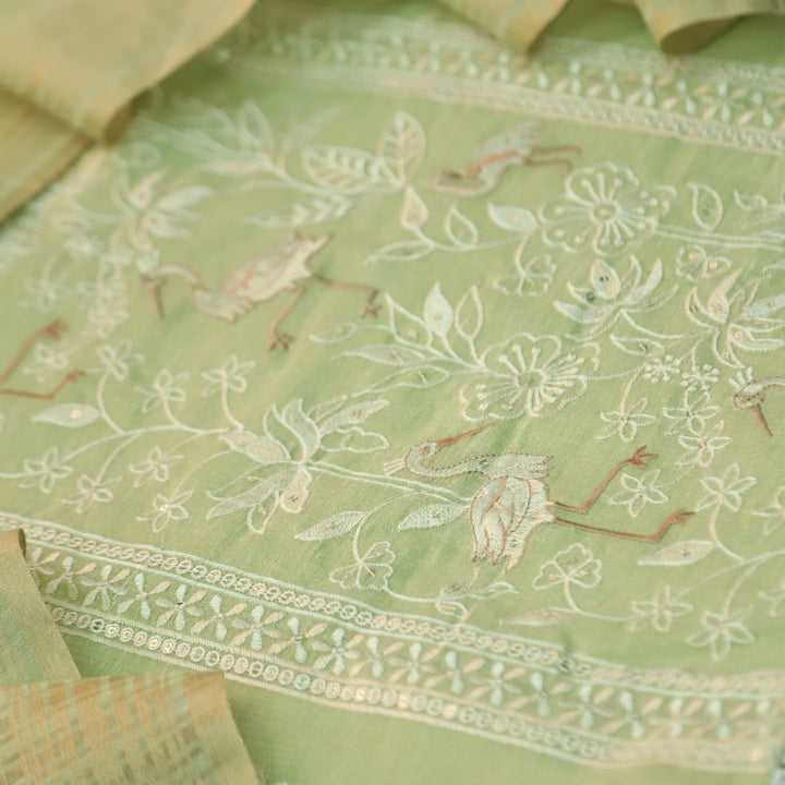 Pankhudi Mint Green Floral with Flamingo Thread Work Shimmer Tissue Linen Set