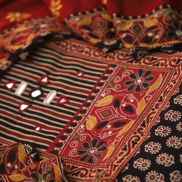 Dashtaan Onxy Black Kutch Patch with Work Ajrak Printed Cotton Suit Set