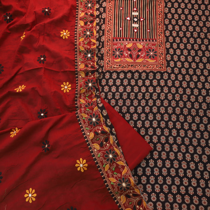 Dashtaan Onxy Black Kutch Patch with Work Ajrak Printed Cotton Suit Set