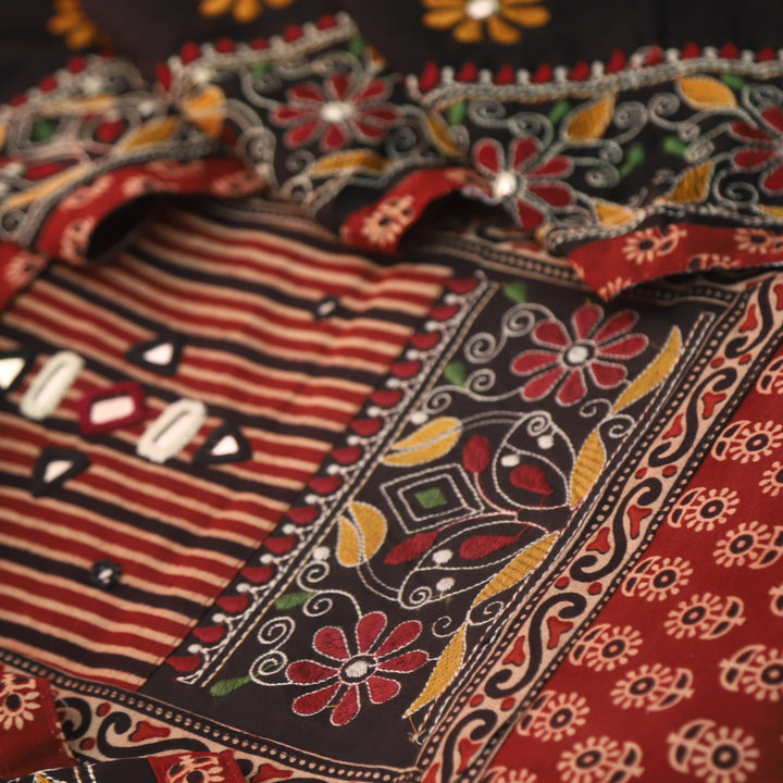 Dashtaan Maroon Red Kutch Patch with Work Ajrak Printed Cotton Suit Set