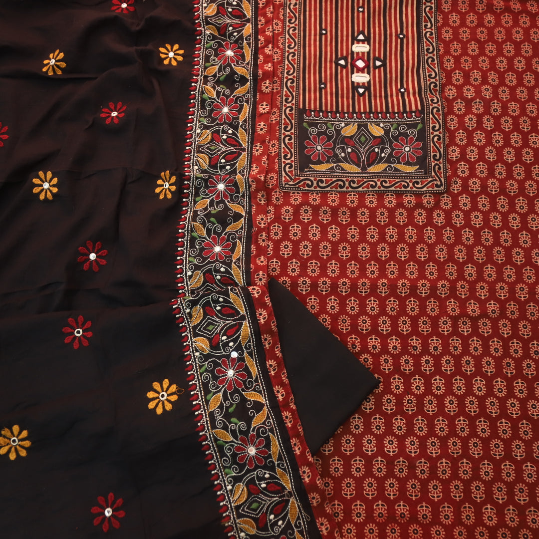 Dashtaan Maroon Red Kutch Patch with Work Ajrak Printed Cotton Suit Set