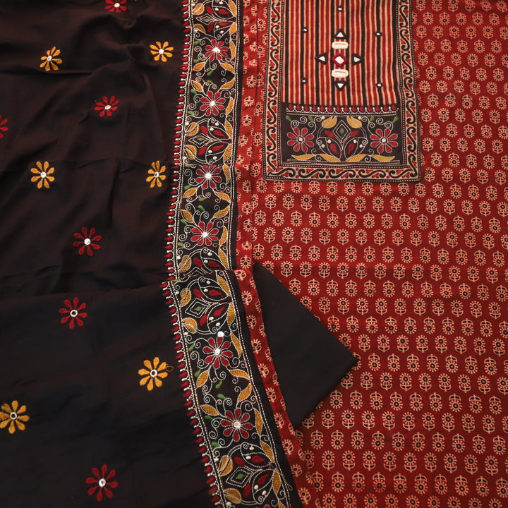 Dashtaan Maroon Red Kutch Patch with Work Ajrak Printed Cotton Suit Set