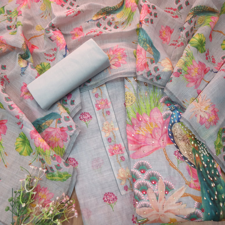 Dashtaan Fossil Gray Peacock with Floral Printed Kardana Work Cotton Linen Suit Set