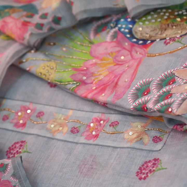 Dashtaan Fossil Gray Peacock with Floral Printed Kardana Work Cotton Linen Suit Set