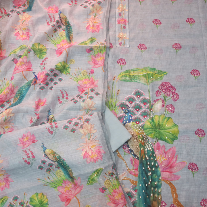 Dashtaan Fossil Gray Peacock with Floral Printed Kardana Work Cotton Linen Suit Set