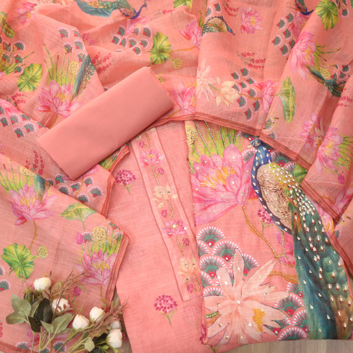Dashtaan Flamingo Pink Peacock with Floral Printed Kardana Work Cotton Linen Suit Set