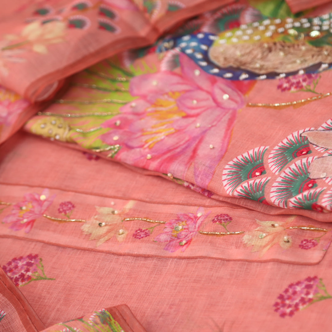 Dashtaan Flamingo Pink Peacock with Floral Printed Kardana Work Cotton Linen Suit Set