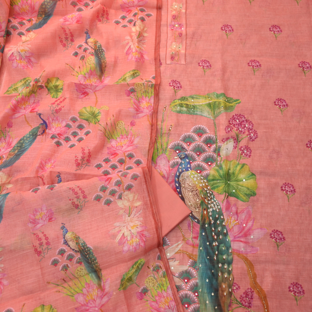 Dashtaan Flamingo Pink Peacock with Floral Printed Kardana Work Cotton Linen Suit Set