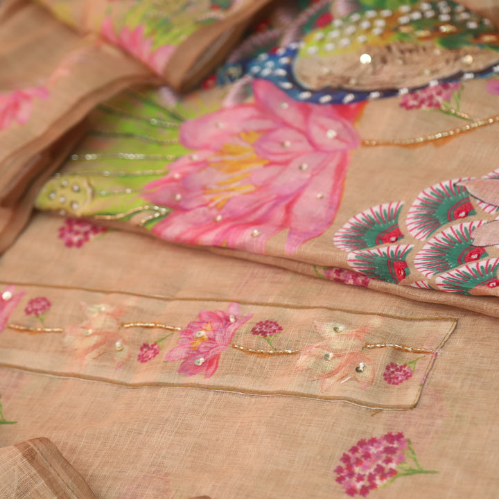 Dashtaan Sand Beige Peacock with Floral Printed Kardana Work Cotton Linen Suit Set