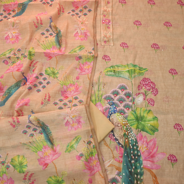 Dashtaan Sand Beige Peacock with Floral Printed Kardana Work Cotton Linen Suit Set