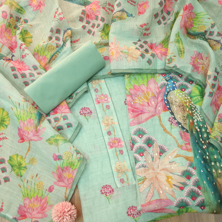 Dashtaan Sea Green Peacock with Floral Printed Kardana Work Cotton Linen Suit Set