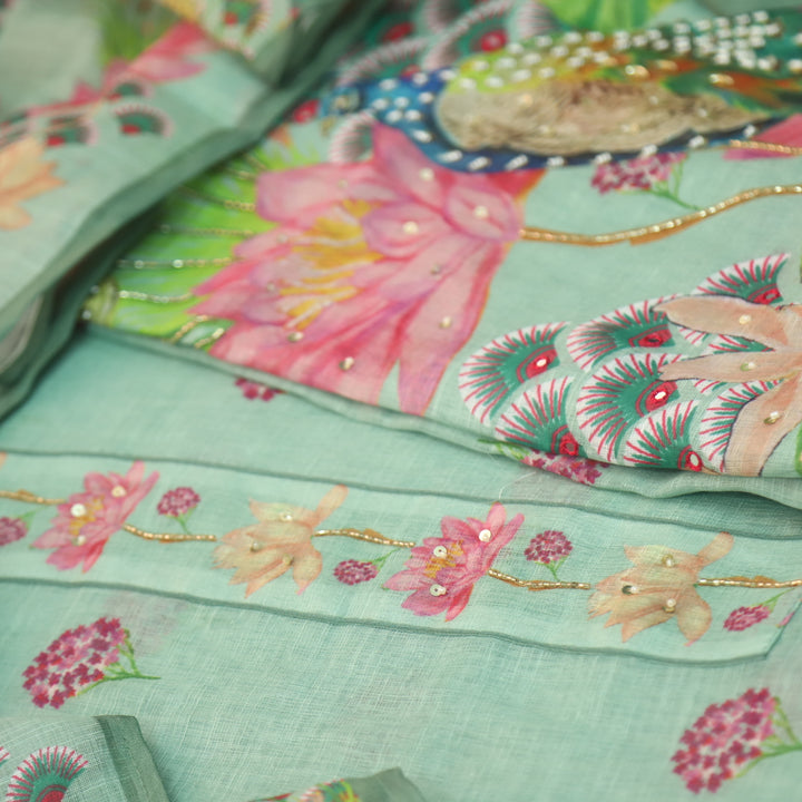 Dashtaan Sea Green Peacock with Floral Printed Kardana Work Cotton Linen Suit Set