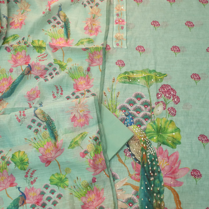 Dashtaan Sea Green Peacock with Floral Printed Kardana Work Cotton Linen Suit Set