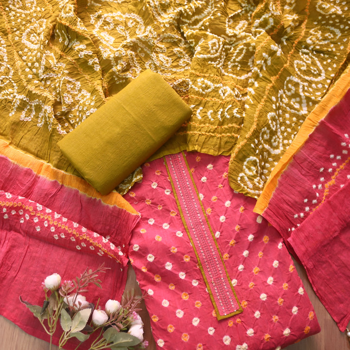 Ruksana Rouge Pink Neck Lace Patch Authentic Bandhej Work Cotton Suit Set