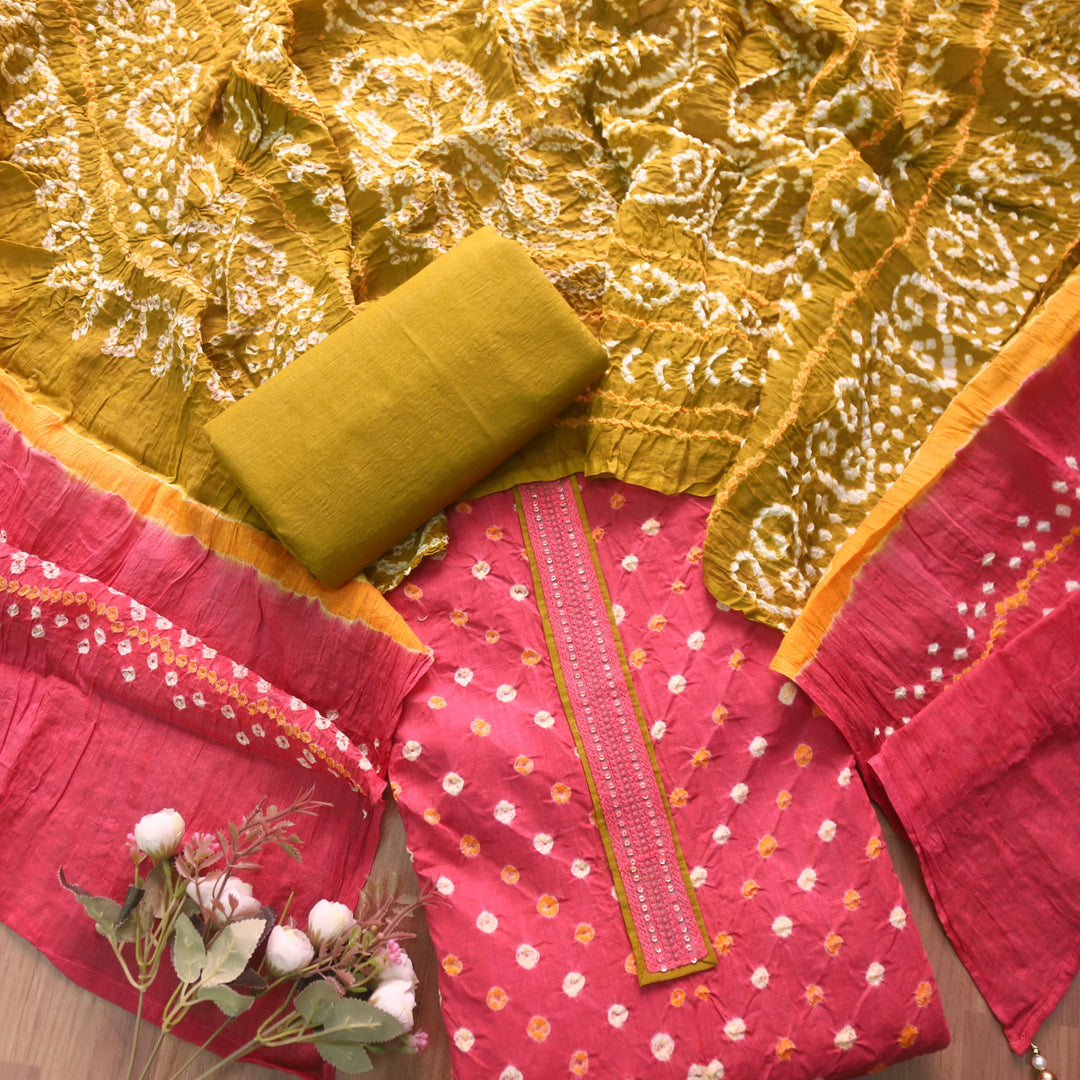 Ruksana Rouge Pink Neck Lace Patch Authentic Bandhej Work Cotton Suit Set