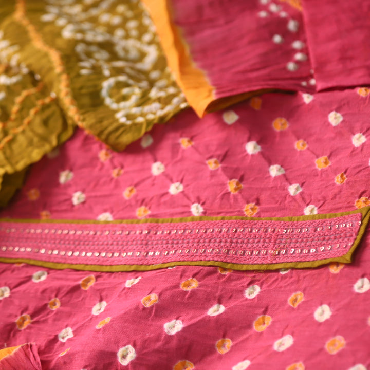 Ruksana Rouge Pink Neck Lace Patch Authentic Bandhej Work Cotton Suit Set