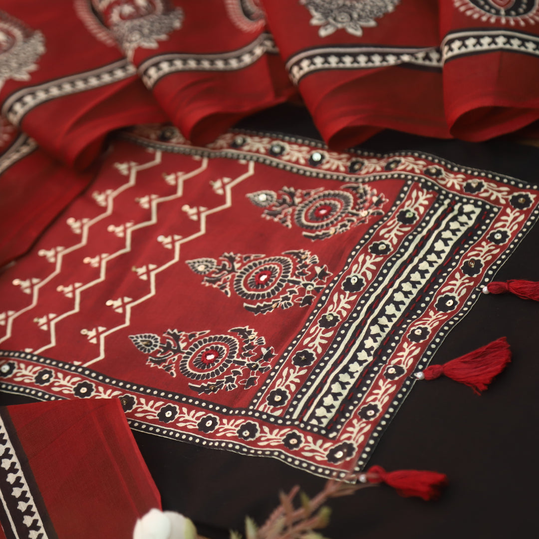 Lavanya Nigth Black Ajrak Printed Patch with Tessels hanging Cotton Suit Set