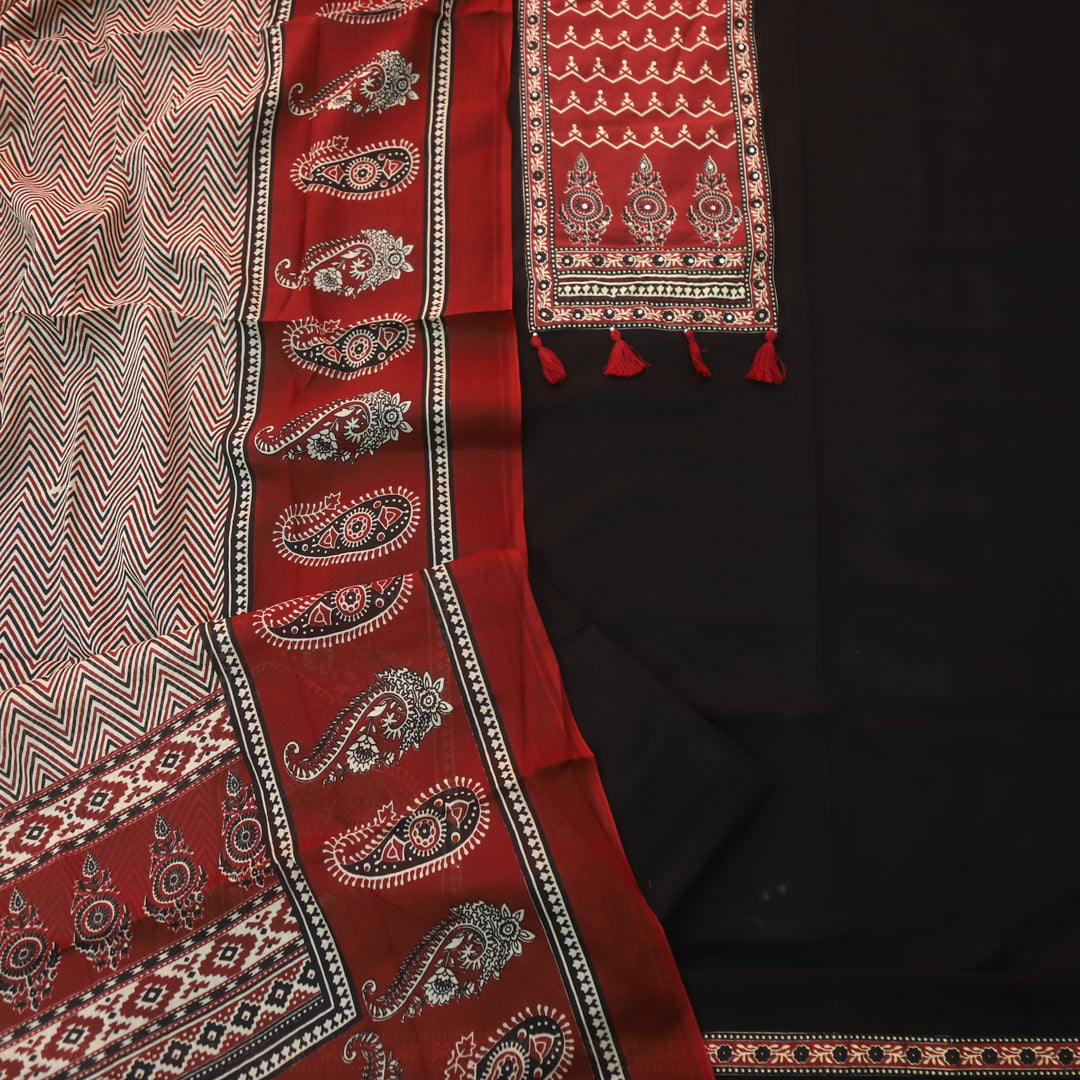 Lavanya Nigth Black Ajrak Printed Patch with Tessels hanging Cotton Suit Set