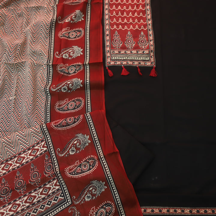 Lavanya Nigth Black Ajrak Printed Patch with Tessels hanging Cotton Suit Set