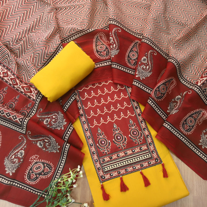 Lavanya Canary Yellow Ajrak Printed Patch with Tessels hanging Cotton Suit Set