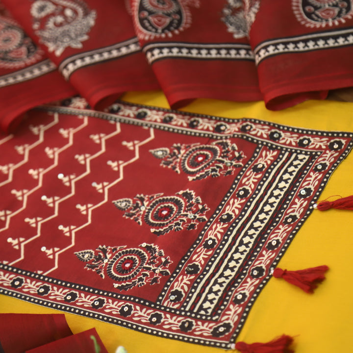 Lavanya Canary Yellow Ajrak Printed Patch with Tessels hanging Cotton Suit Set