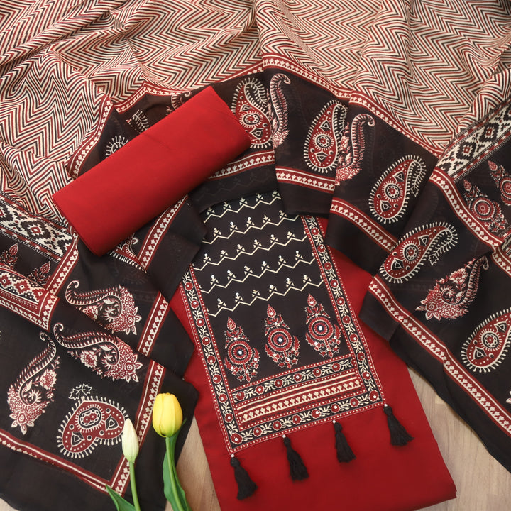 Lavanya Cherry Red Ajrak Printed Patch with Tessels hanging Cotton Suit Set