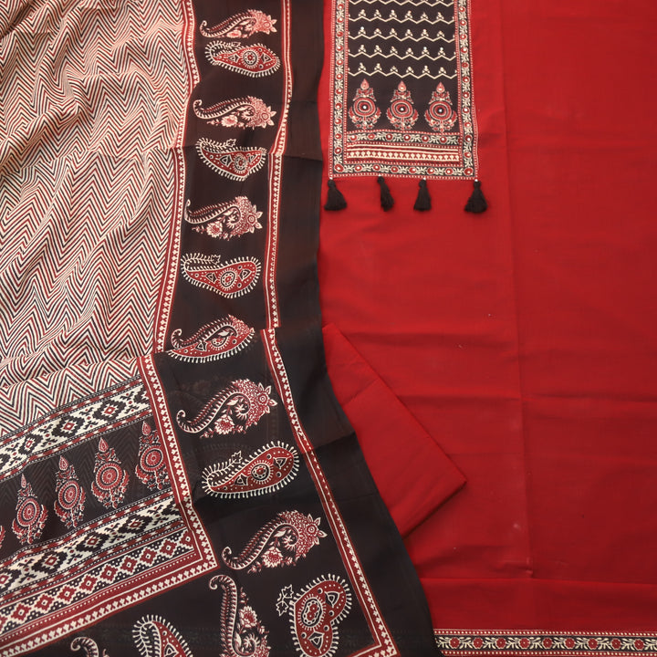 Lavanya Cherry Red Ajrak Printed Patch with Tessels hanging Cotton Suit Set