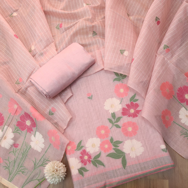 Kamleya Candy Pink Floral Authentic Jamdani Weaved Hem Chanderi Suit Set