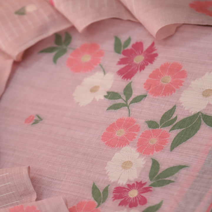 Kamleya Candy Pink Floral Authentic Jamdani Weaved Hem Chanderi Suit Set