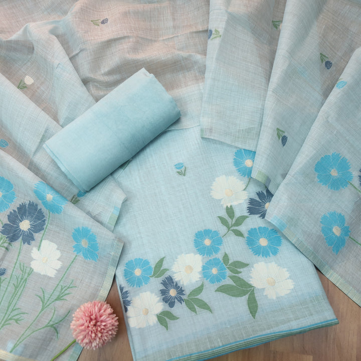 Kamleya Powder Blue Floral Authentic Jamdani Weaved Hem Chanderi Suit Set