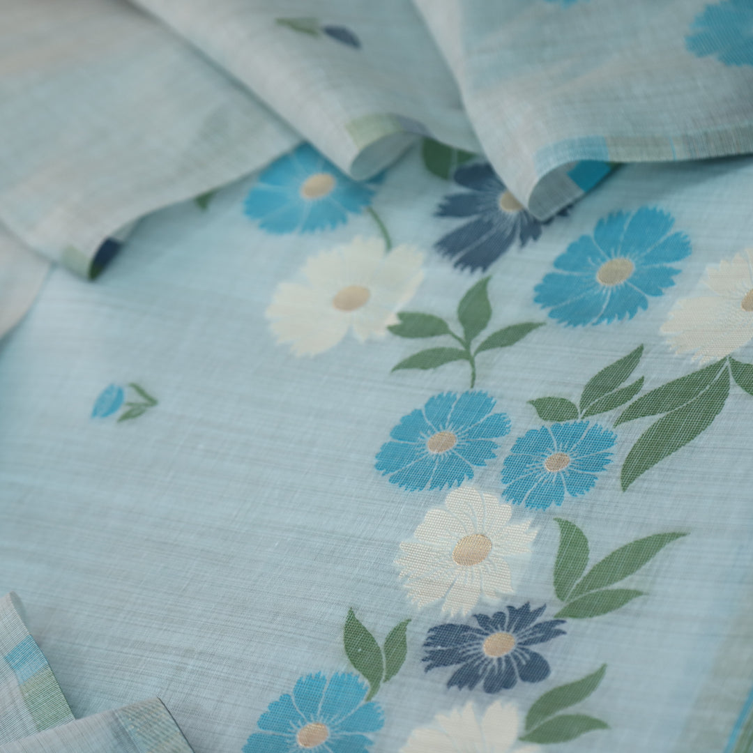 Kamleya Powder Blue Floral Authentic Jamdani Weaved Hem Chanderi Suit Set