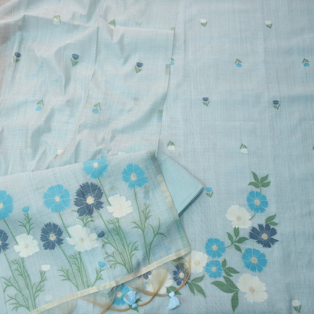 Kamleya Powder Blue Floral Authentic Jamdani Weaved Hem Chanderi Suit Set