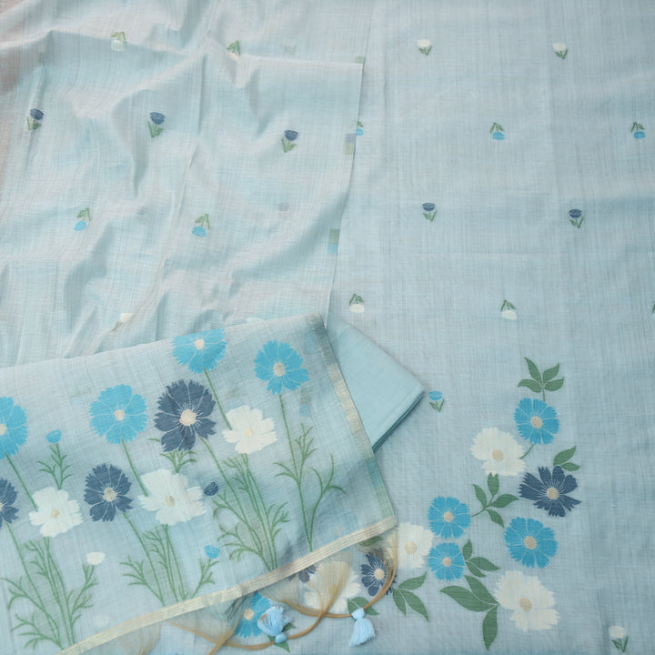 Kamleya Powder Blue Floral Authentic Jamdani Weaved Hem Chanderi Suit Set