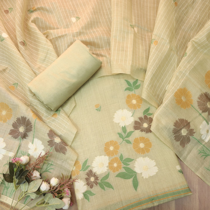 Kamleya Skin Beige Floral Authentic Jamdani Weaved Hem Chanderi Suit Set