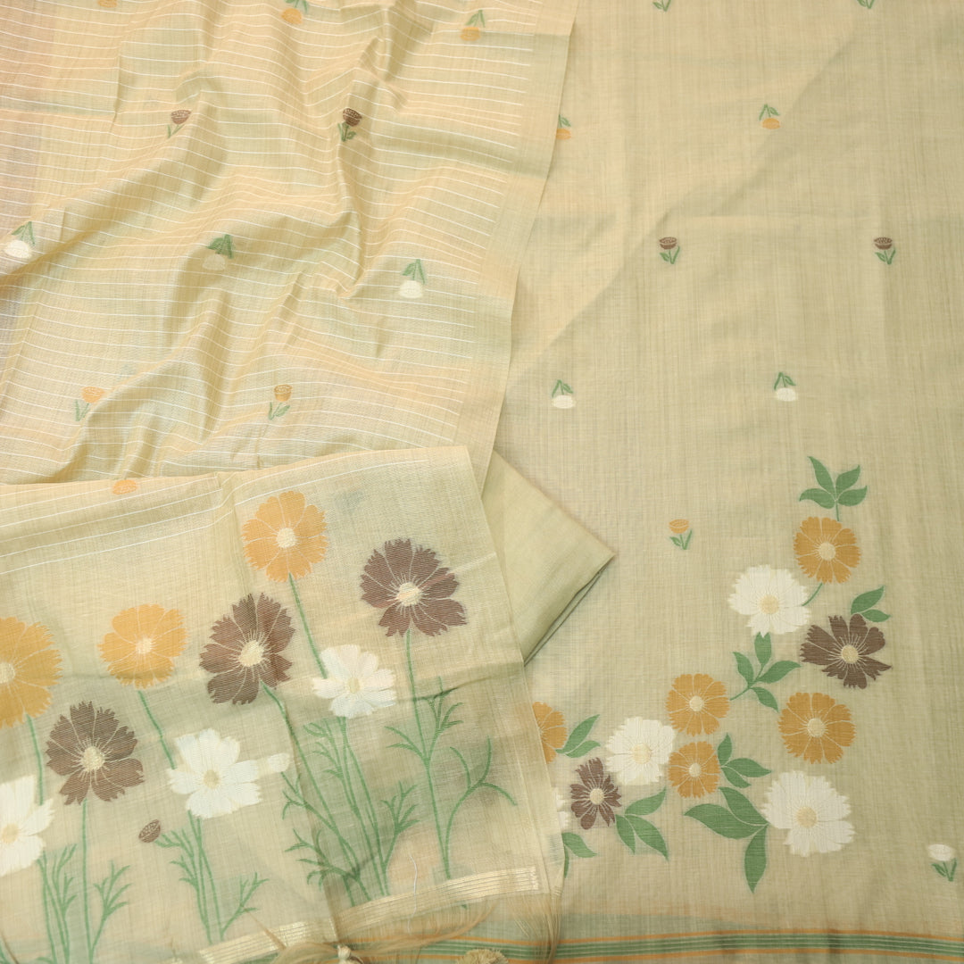 Kamleya Skin Beige Floral Authentic Jamdani Weaved Hem Chanderi Suit Set