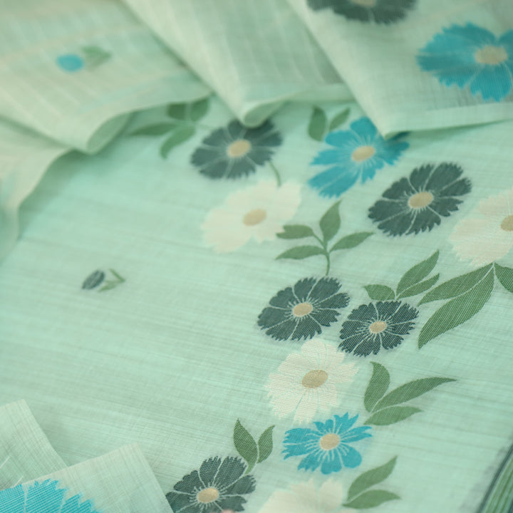 Kamleya Ocean Sea Blue Floral Authentic Jamdani Weaved Hem Chanderi Suit Set