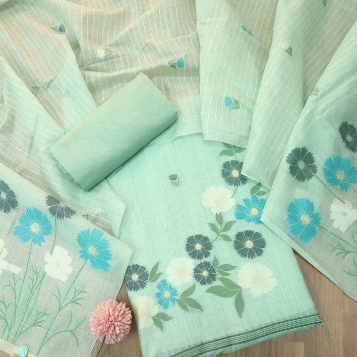 Kamleya Ocean Sea Blue Floral Authentic Jamdani Weaved Hem Chanderi Suit Set