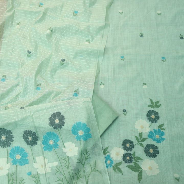 Kamleya Ocean Sea Blue Floral Authentic Jamdani Weaved Hem Chanderi Suit Set