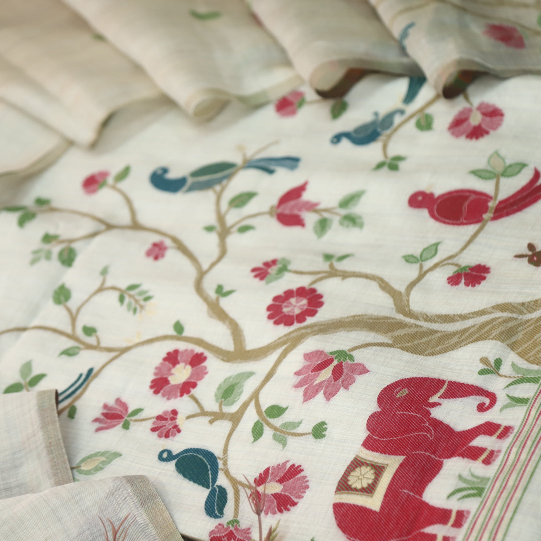 Alfaazi Skin Beige Zari with Floral and Bird Authentic Jamdani Weaved Chanderi Suit Set