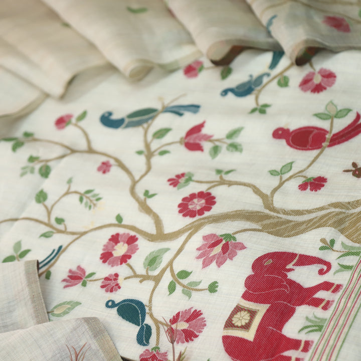 Alfaazi Skin Beige Zari with Floral and Bird Authentic Jamdani Weaved Chanderi Suit Set