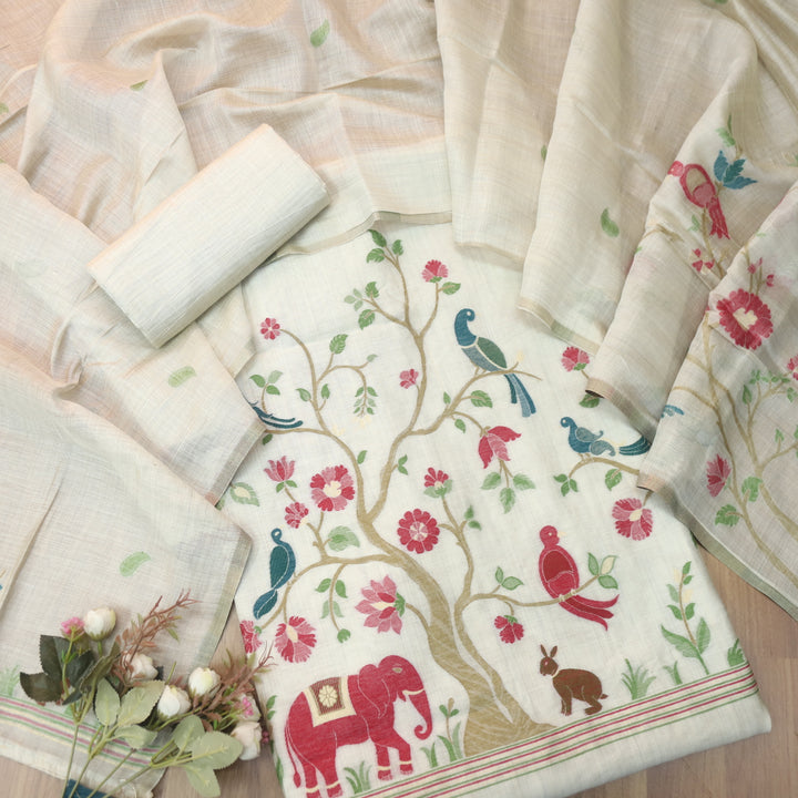 Alfaazi Skin Beige Zari with Floral and Bird Authentic Jamdani Weaved Chanderi Suit Set