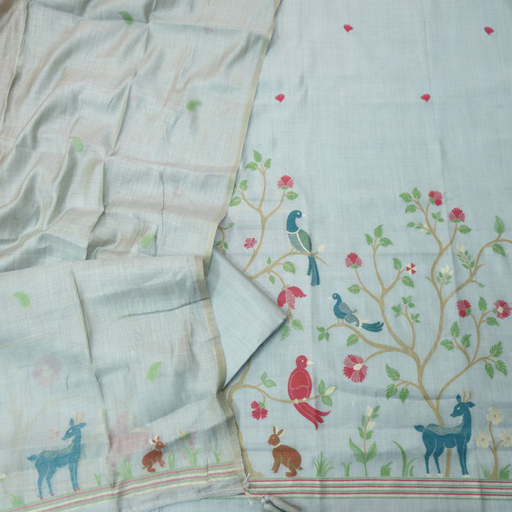 Alfaazi Faded Blue Zari with Floral and Bird Authentic Jamdani Weaved Chanderi Suit Set