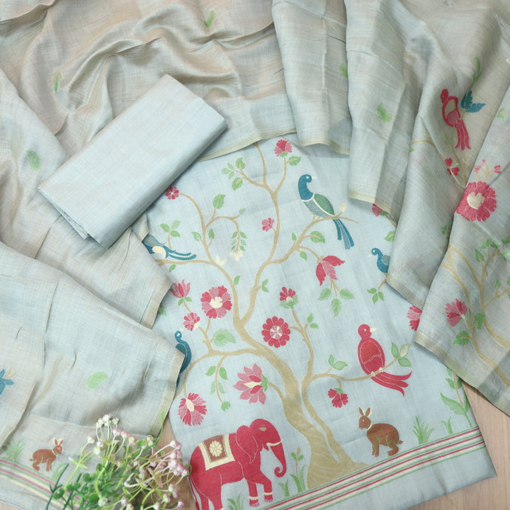 Alfaazi Faded Blue Zari with Floral and Bird Authentic Jamdani Weaved Chanderi Suit Set