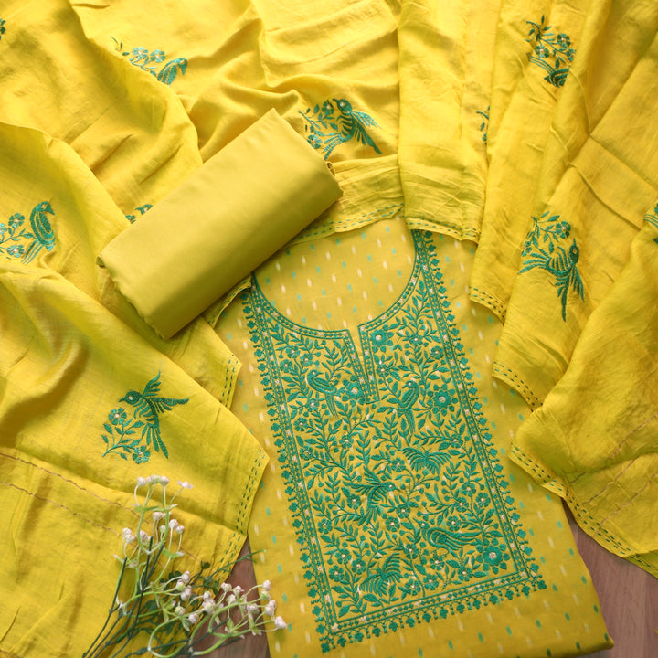 Shabaab Turmeric Yellow Thread Work Neck Cotton Dobby Suit Set