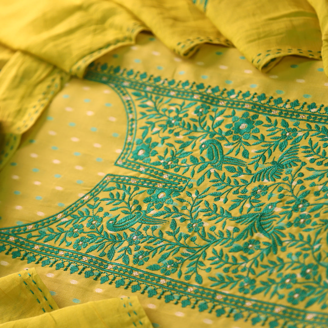 Shabaab Turmeric Yellow Thread Work Neck Cotton Dobby Suit Set
