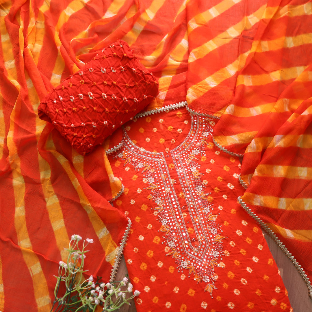 Ruksana Bright Orange Embellish Neck Work Authentic Bandhej Cotton Satin Suit Set