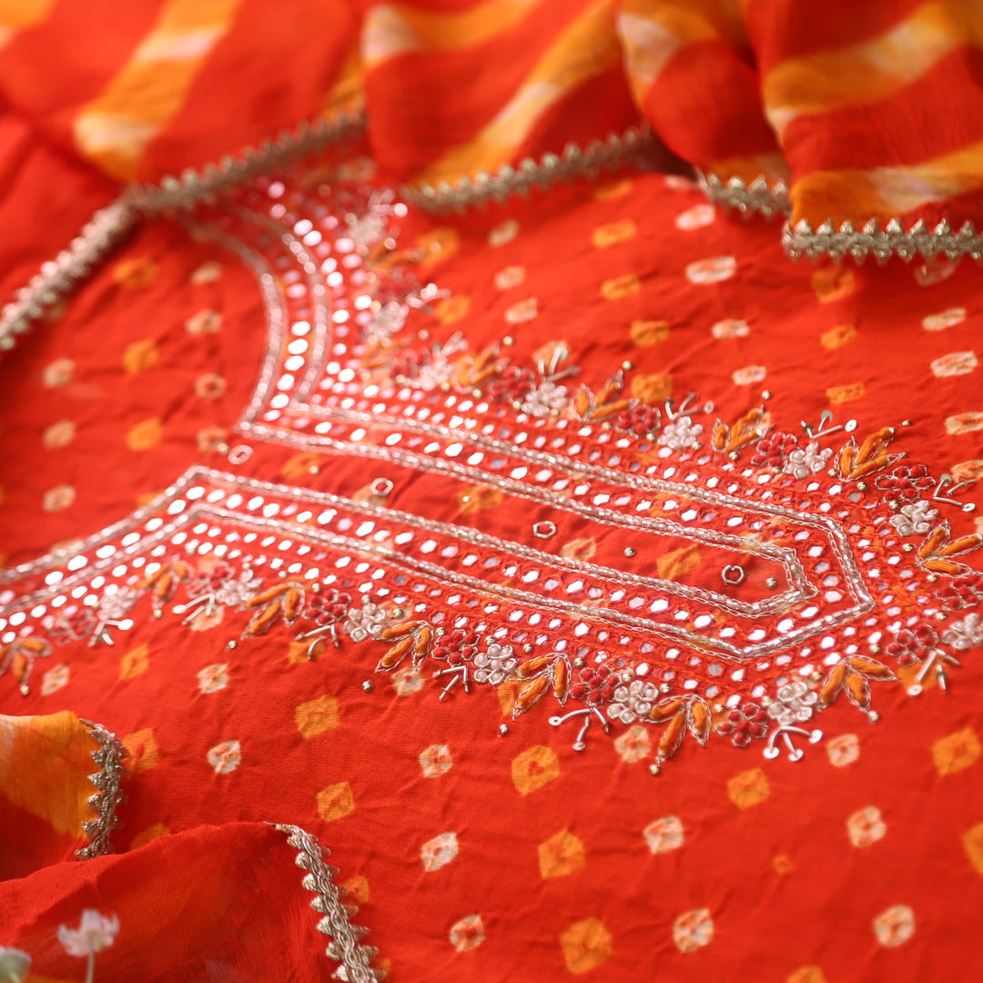 Ruksana Bright Orange Embellish Neck Work Authentic Bandhej Cotton Satin Suit Set